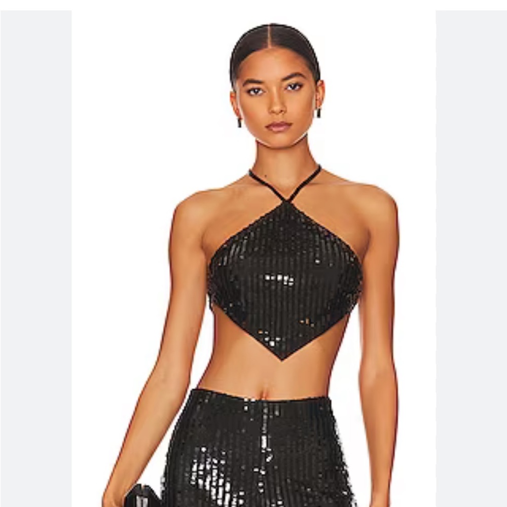 House of Harlow crop black sequin halter top retro  glam boho festival Sz L NWT